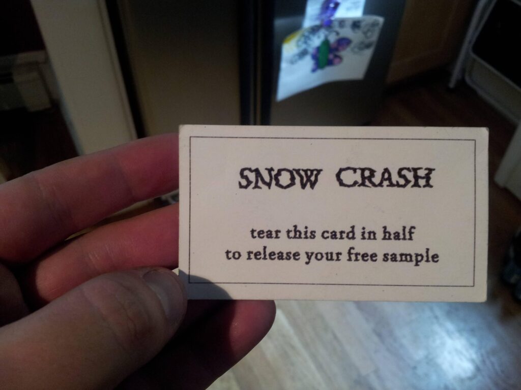 "Hey, Hiro," the black-and-white guy says, "you want to try some Snow Crash?"