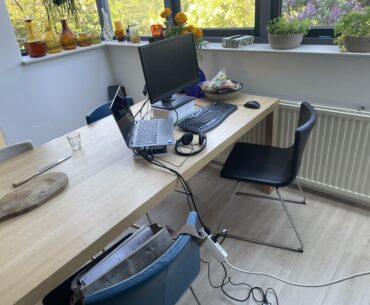 My setup, I have a Thinkpad and my monitor is broken so every thing must be on books.