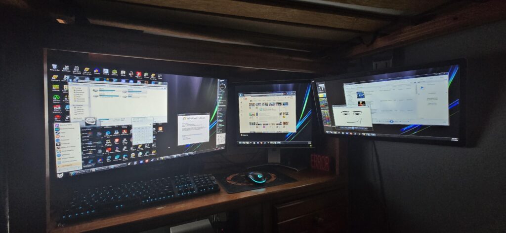 2 of the monitors were dirt cheap and one is wedged between the wall
