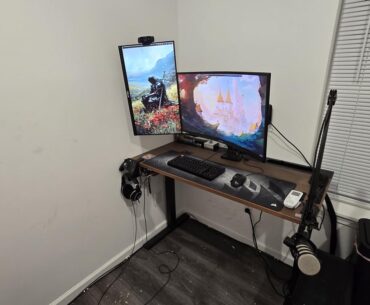 Slowly improving my setup for the past year and a half. Just used mounting tape to mount my surge protector and audio interface under my desk. I'm super proud of it so far! What should/could I do with the space I have?