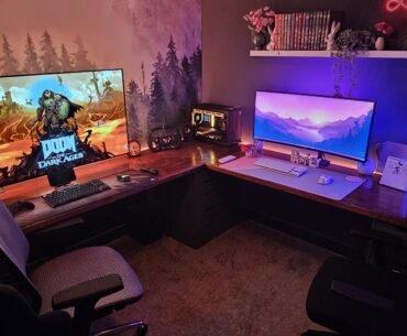 Made the most out of a small office space. Sim racing setup and his and her PC's.