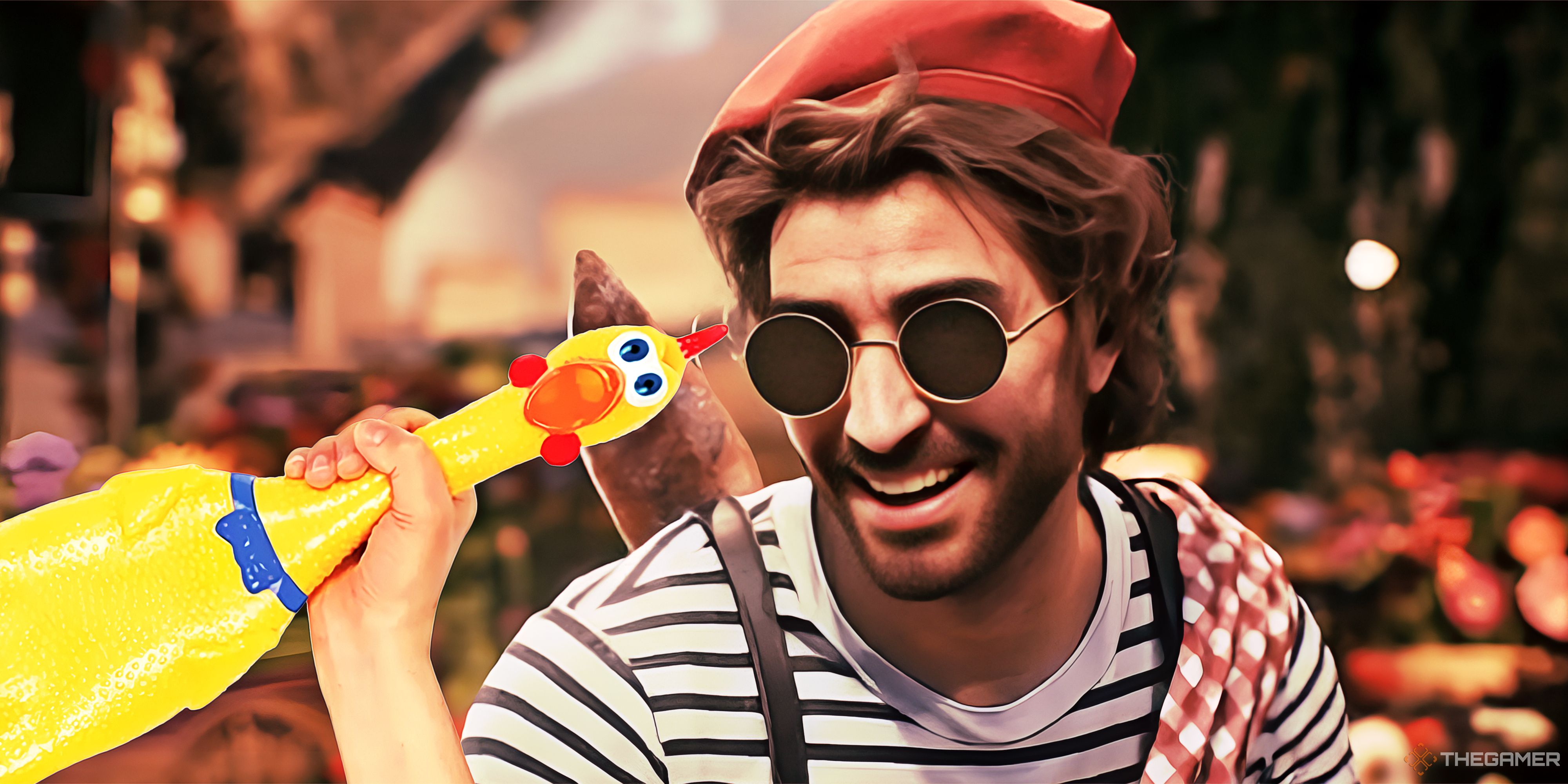 Gustave from Clair Obscur: Expedition 33 holding a rubber chicken and laughing.