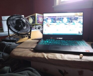 my gear might not be that jank but my set up certainly is. A falling apart ironing board on an old box and a fan cooling the laptop charger. In my bed. Been doing this since I moved into my new situation lmao.