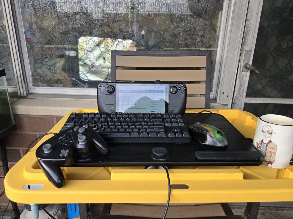 The tables legs fold so I can relocate with this setup at various places.