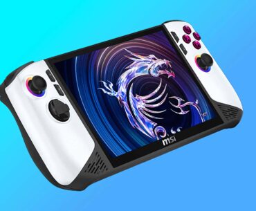 MSI Claw 8 AI+ Polar Tempest Edition on a blue background.