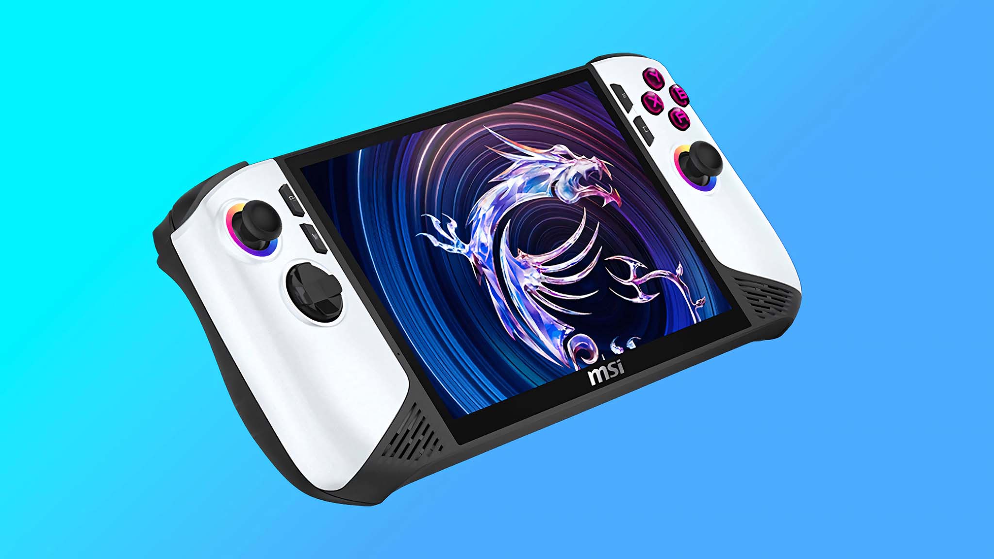 You might never see this beautiful gaming handheld in person MSI Claw 8 AI+ Polar Tempest Edition on a blue background.