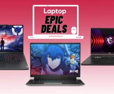 Lenovo Legion Pro 5i, Alienware x16 R2, and MSI Vector 16 HX AI gaming laptops against red gradient background with epic deals badge.