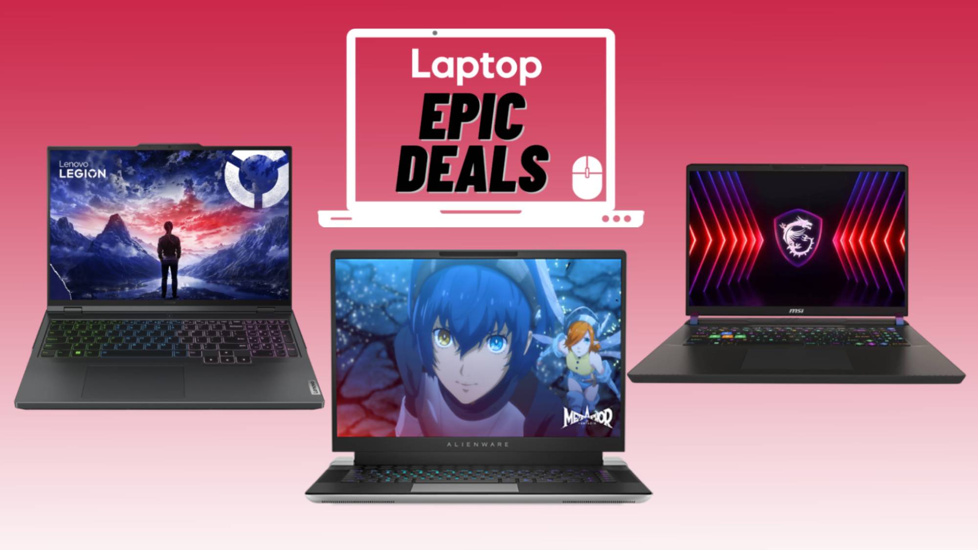Early Memorial Day gaming laptop sales: 7 epic deals to shop this weekend Lenovo Legion Pro 5i, Alienware x16 R2, and MSI Vector 16 HX AI gaming laptops against red gradient background with epic deals badge.