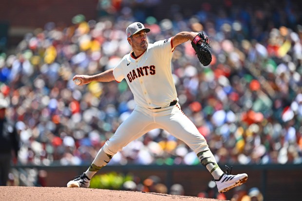 San Francisco Giants pitcher Justin Verlander (35) pitches against the Athletics in the second inning of their MLB game at Oracle Park in San Francisco, Calif., on Sunday, May 18, 2025. (Jose Carlos Fajardo/Bay Area News Group)