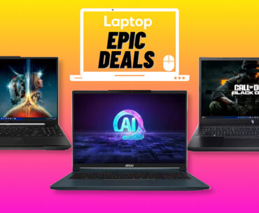 Asus TUF Gaming A16, MSI Stealth 16 AI, and HP Victus 15 gaming laptops against orange and pink gradient background with epic deals laptop logo badge.