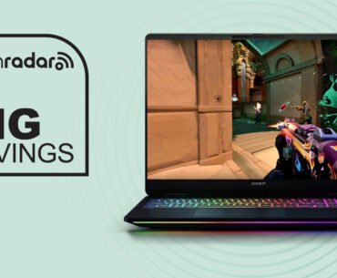 HP Omen Max gaming laptop on green background with big savings text overlay