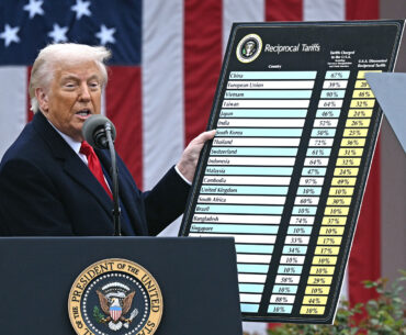 US President Donald Trump holds a chart as he delivers remarks on reciprocal tariffs during an event in the Rose Garden entitled "Make America Wealthy Again" at the White House in Washington, DC, on April 2, 2025.