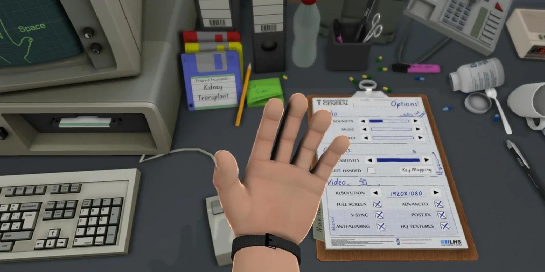 A gameplay screenshot of Surgeon Simulator, showing the main character's hand.