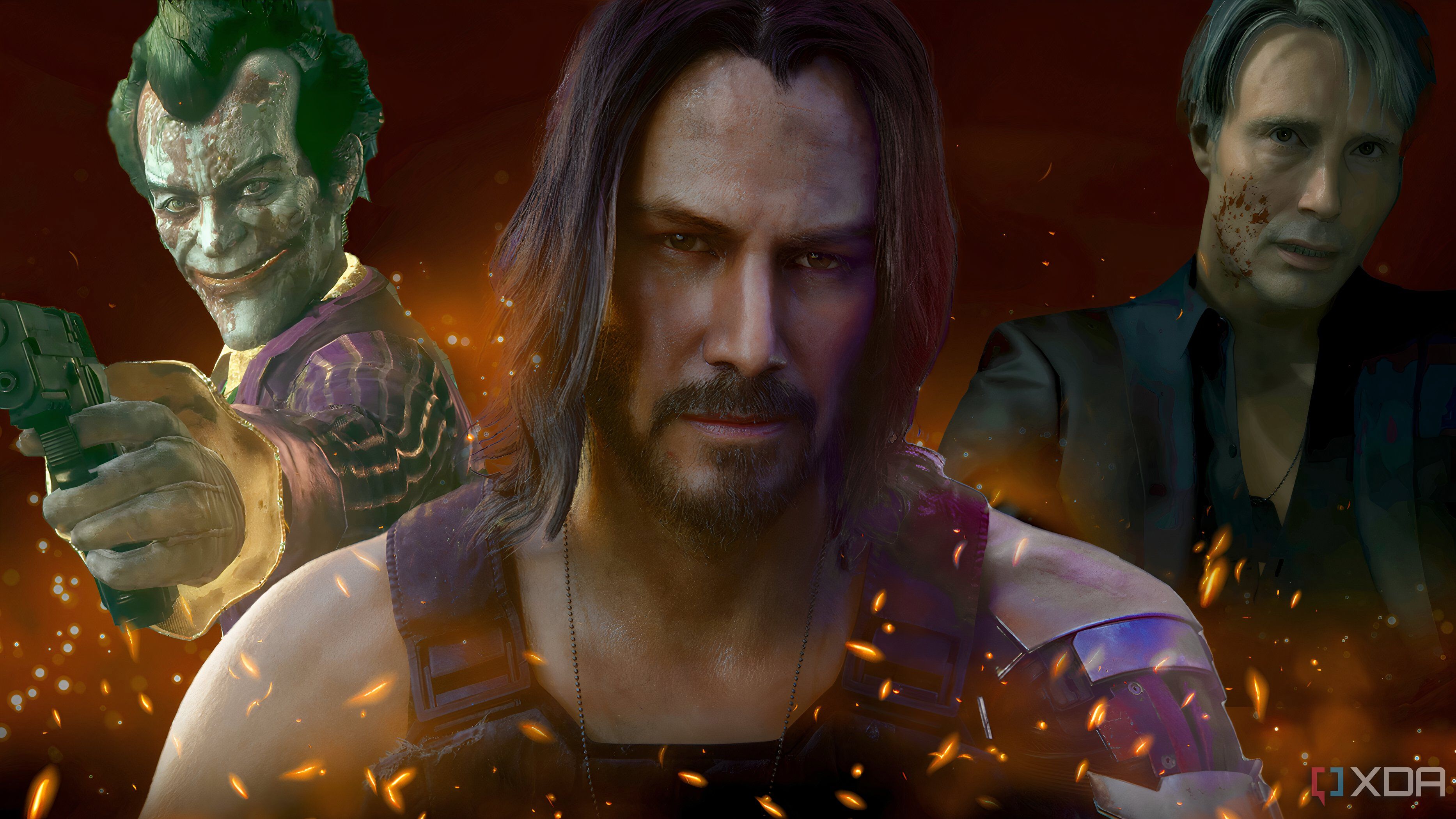 An image of Johnny Silverhand from Cyberpunk 2077, the Joker from Batman: Arkham Knight, and Cliff, from Death Stranding.