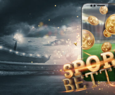 Sports betting graphic with phone and money over a stadium.