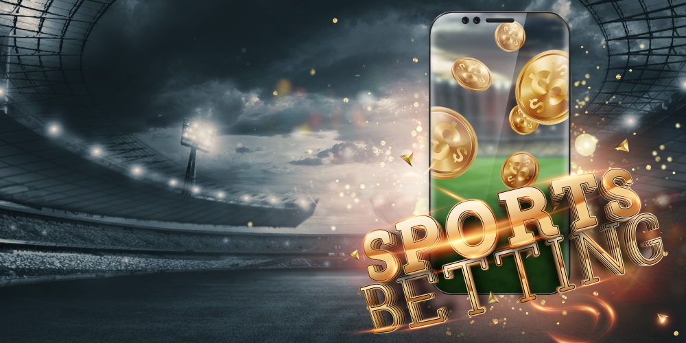 Sports betting graphic with phone and money over a stadium.