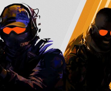 Two figures in military gear with glowing orange visors, one holding a weapon in the foreground, and the other in a relaxed pose, against a diagonally split background of white and orange.