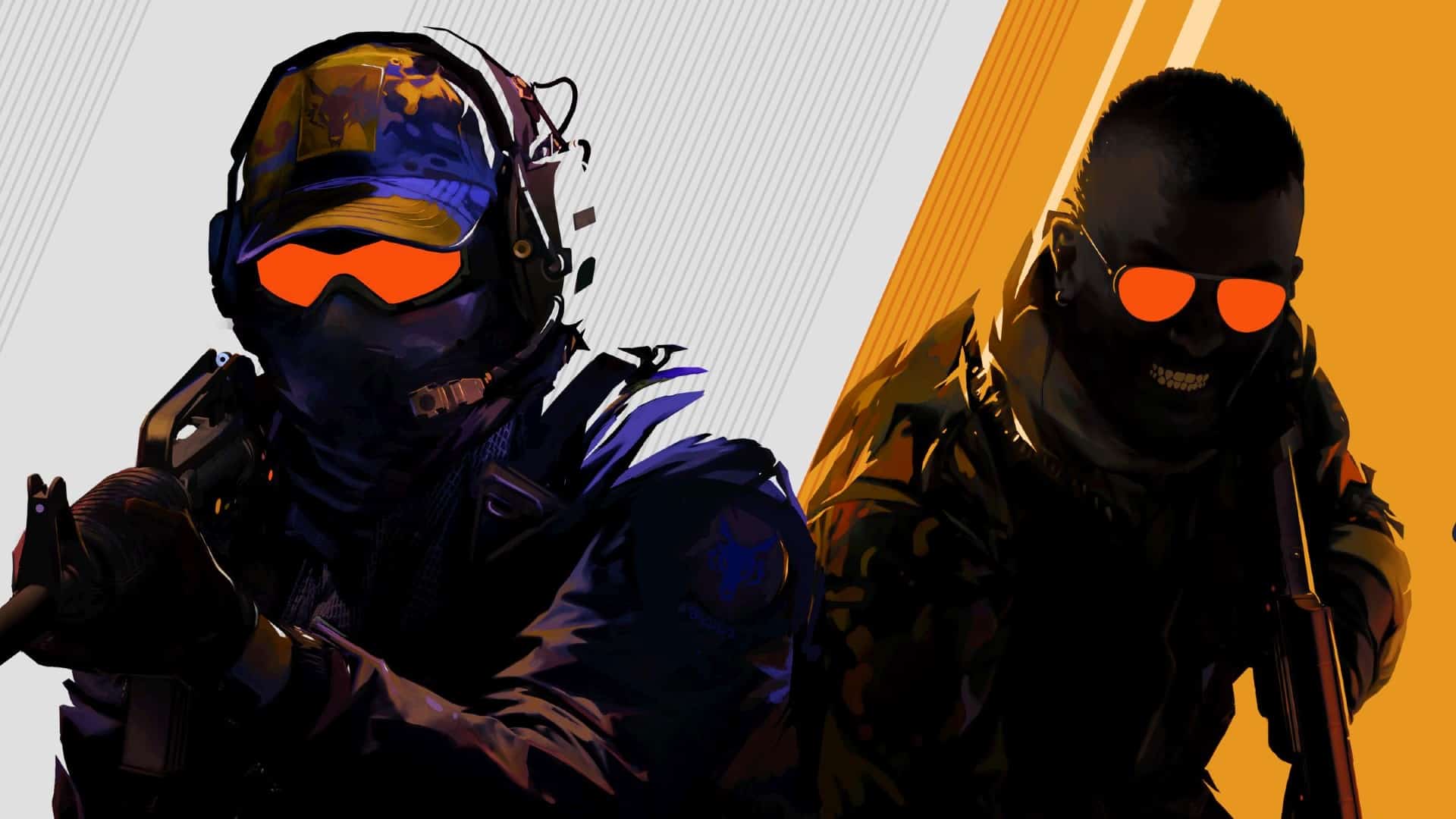 How Digital Scarcity Creates Value In Gaming Economies Two figures in military gear with glowing orange visors, one holding a weapon in the foreground, and the other in a relaxed pose, against a diagonally split background of white and orange.