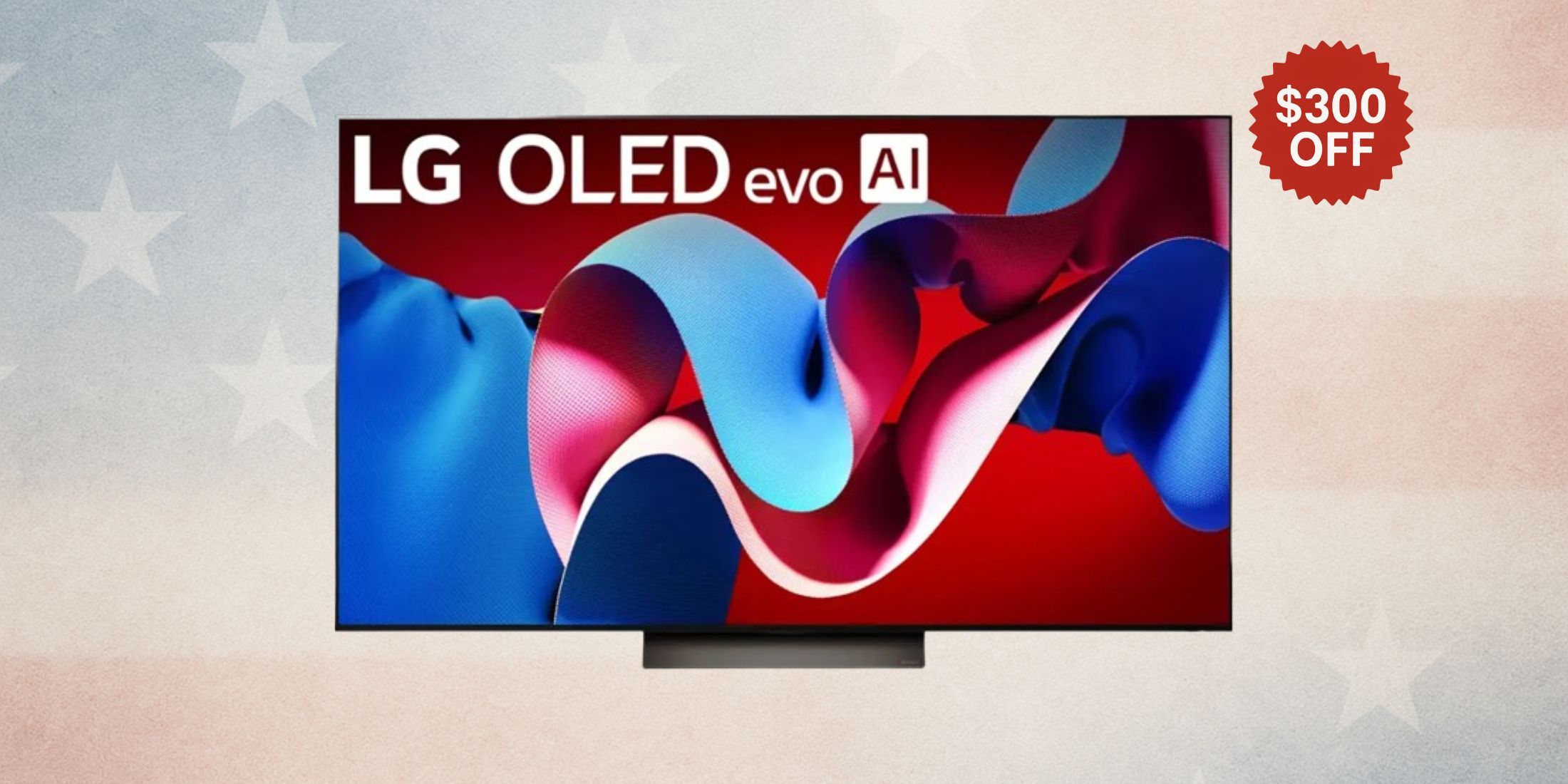 image of an LG TV with a tag that says $300 off on a white background.