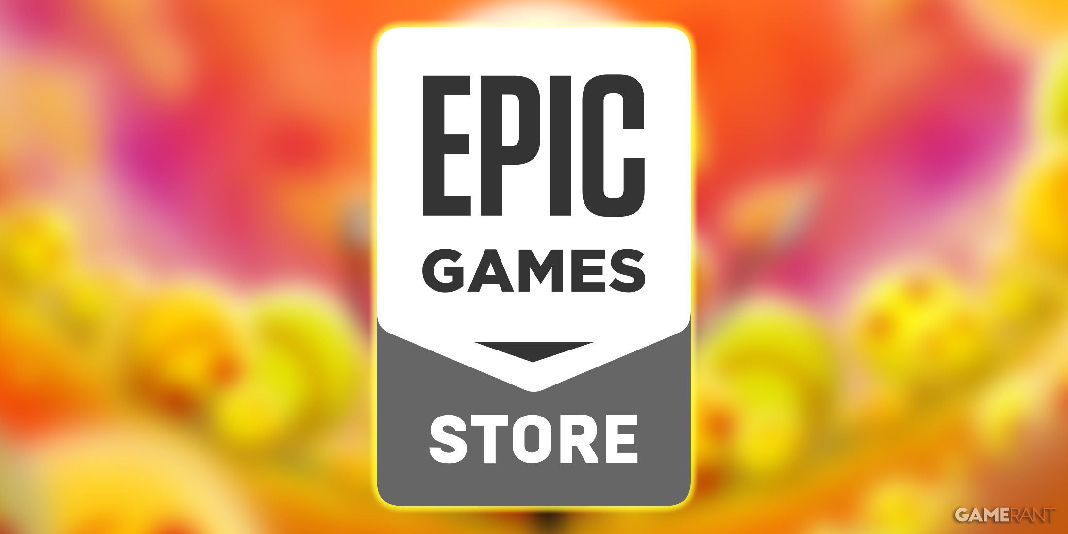 Epic Game Store glowing logo over blurred Happy Game promo screenshot