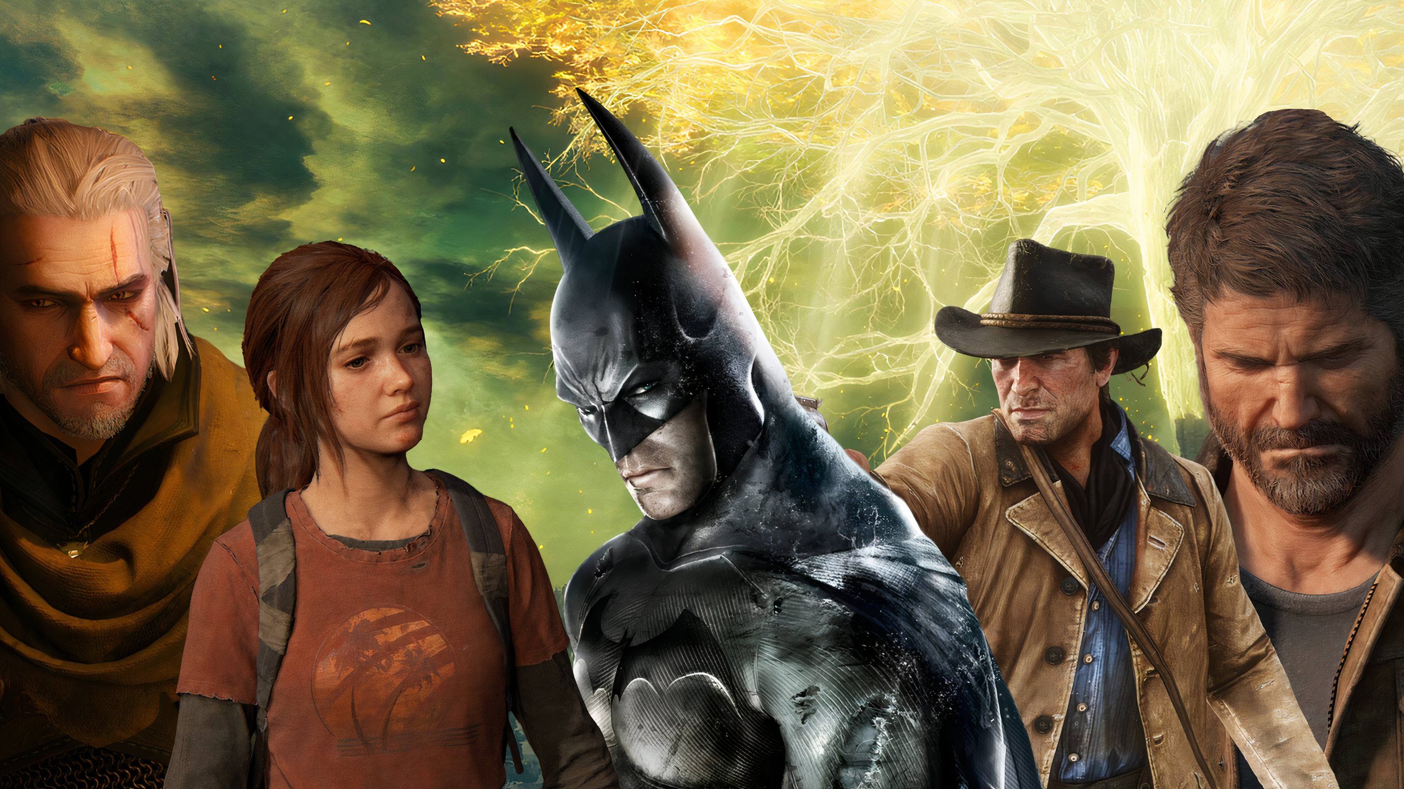 An image of Geralt of Rivia, Ellie, Batman, Arthur Morgan, and Joel Miller.