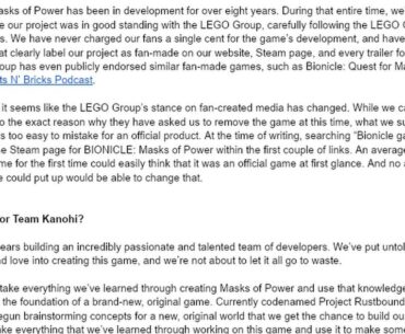 The LEGO Group has requested that the 'BIONICLE: Masks of Power' fan project be shut down in its entirety and removed from the public eye.