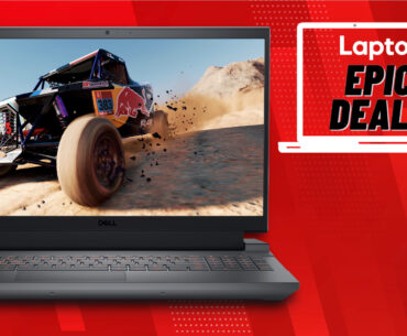 The Dell G15 gaming laptop beside a Laptop Mag deals icon in front of a red background