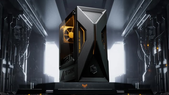 ASUS TUF Gaming T500 PC Goes Hybrid With A Laptop CPU And Desktop RTX GPU ASUS TUF Gaming T500 desktop (render) on a pedestal in what looks like the cargo bay of a spaceship.
