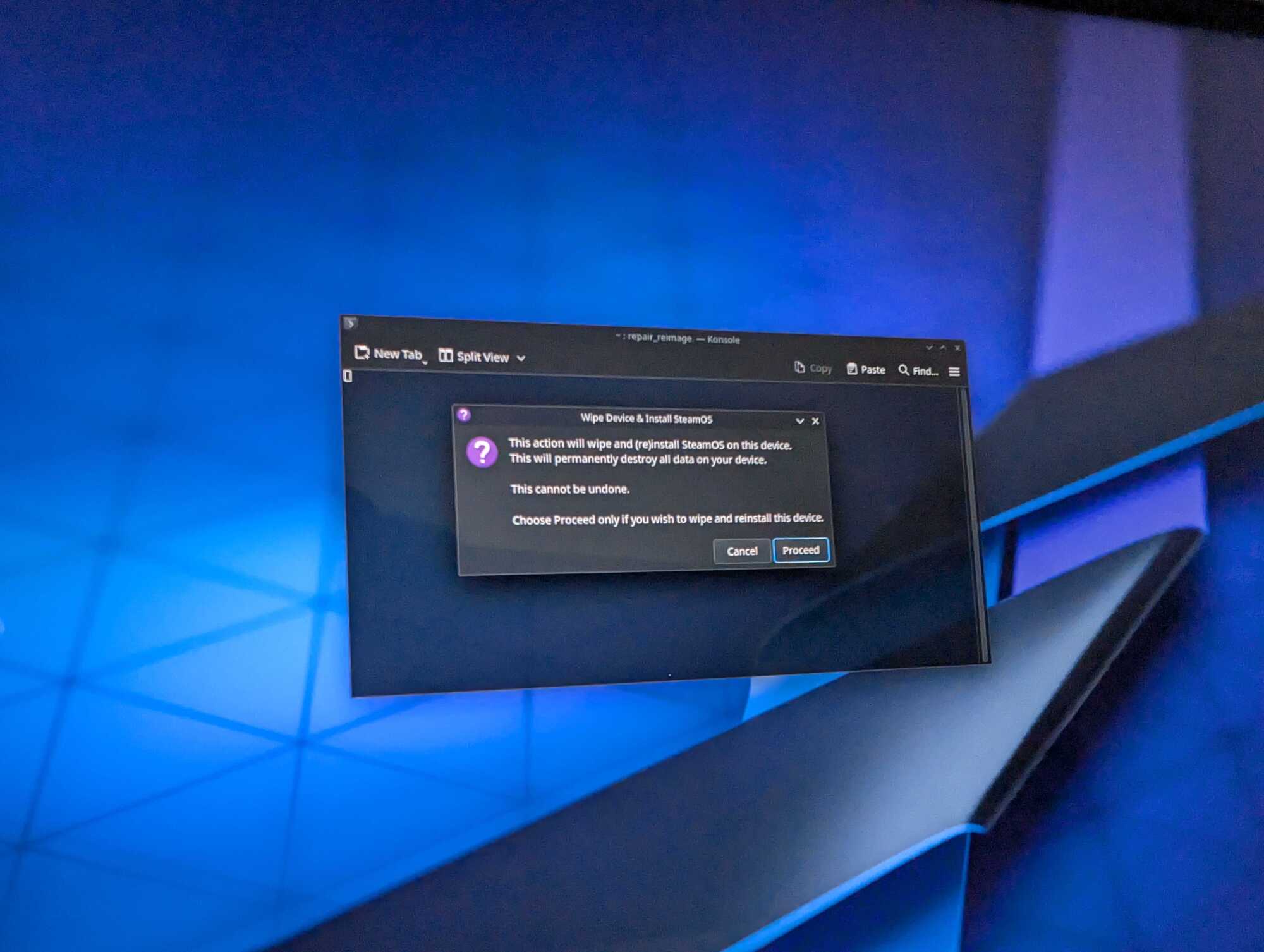 A SteamOS alert warning the user that all their data is about to be deleted.