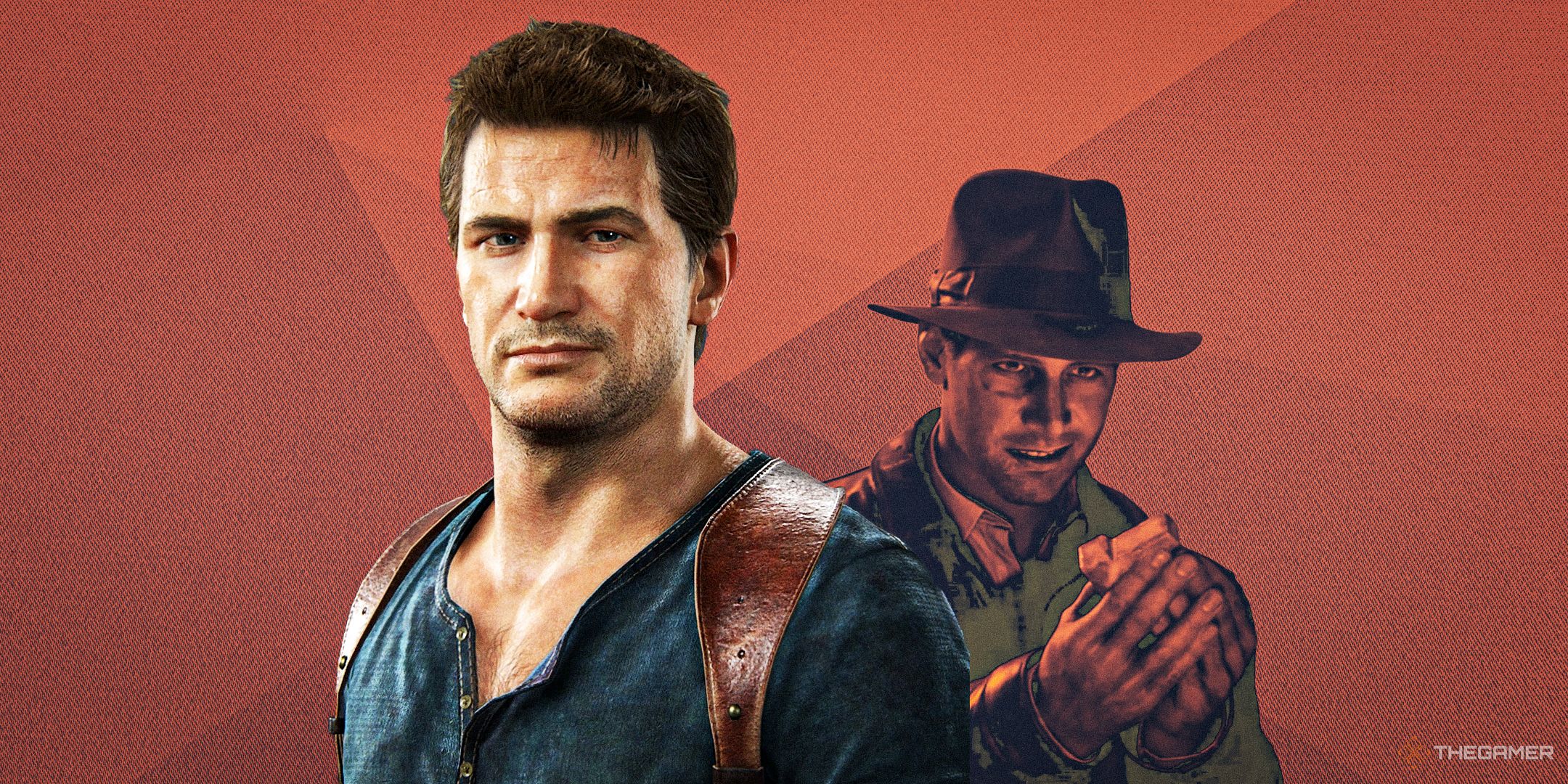 Split image with Nathan Drake and the Great Circle's version of Indiana Jones.
