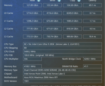 Final Memory OC and timings results with the 285K on the refreshed Z890 Hero