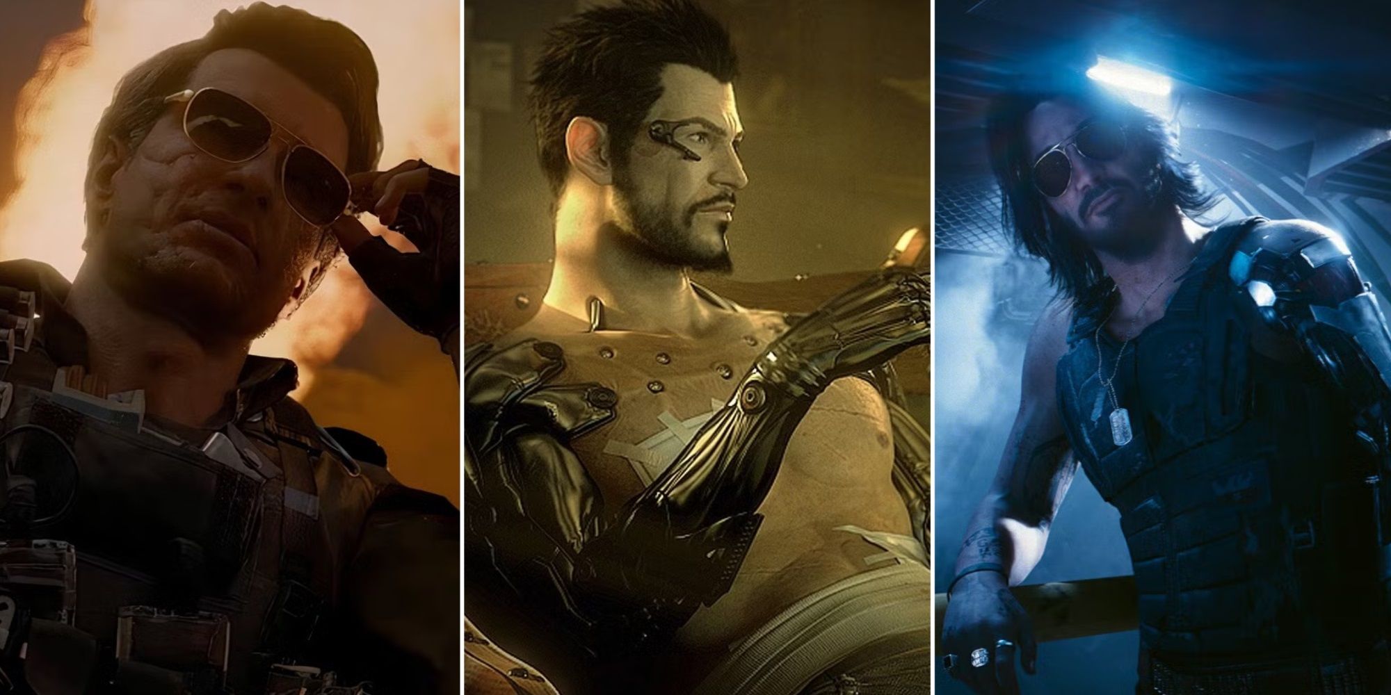 A collage of some Non-Stealth Games With Great Stealth Mechanics: Call of Duty: Black Ops 6, Deus Ex: Human Revolution, and Cyberpunk 2077