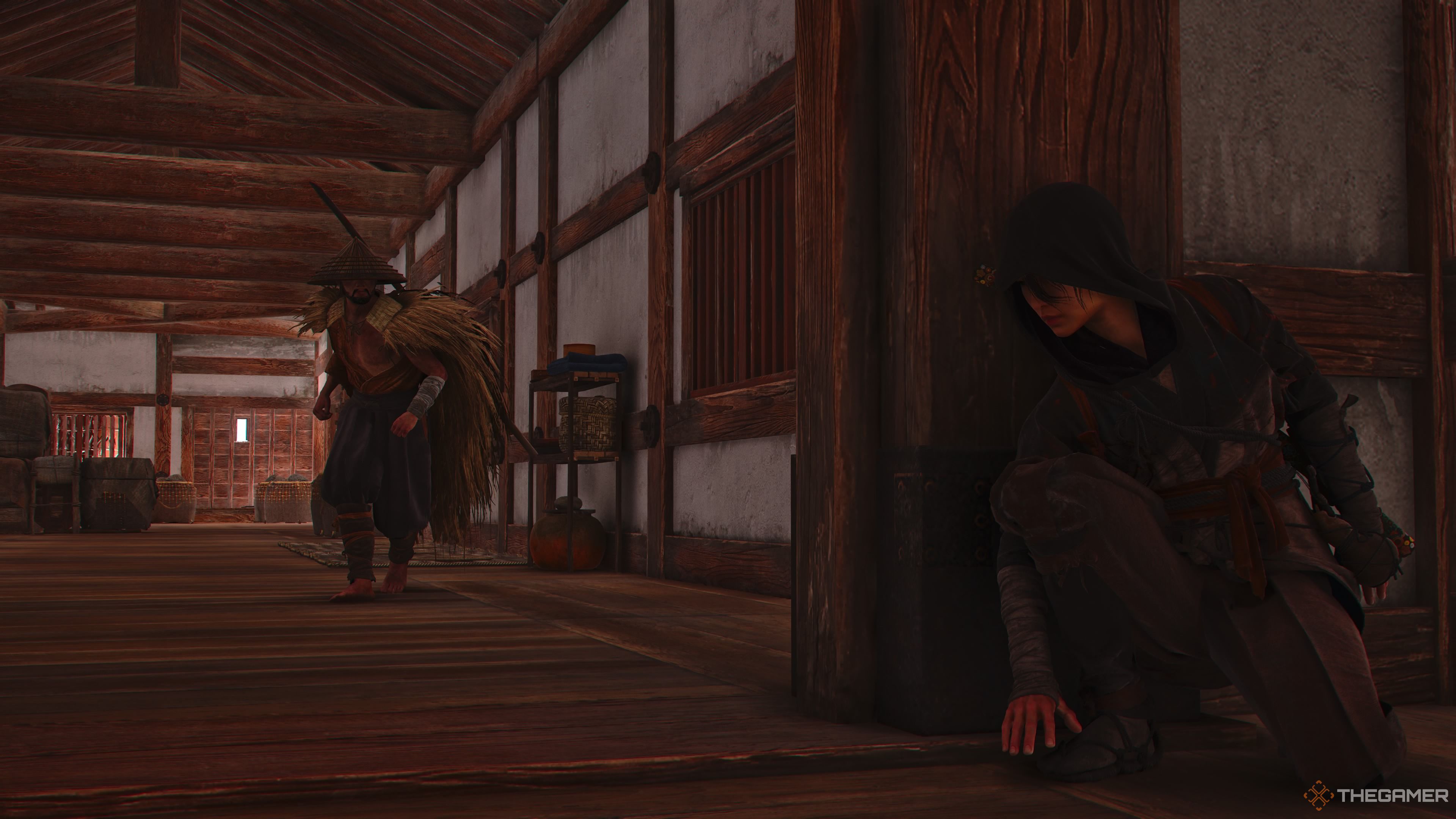 Waiting behind a corner in Assassin's Creed Shadows.