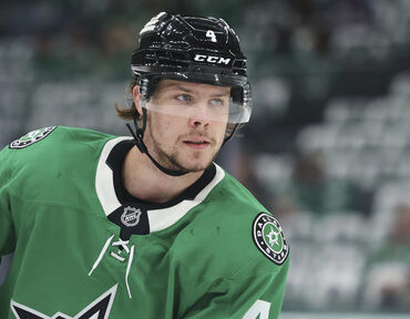 Dallas Stars defenseman Miro Heiskanen warms up before Game 4 of a second-round NHL hockey playoff series against the Winnipeg Jets in Dallas, Tuesday, May 13, 2025. (AP Photo/Gareth Patterson)