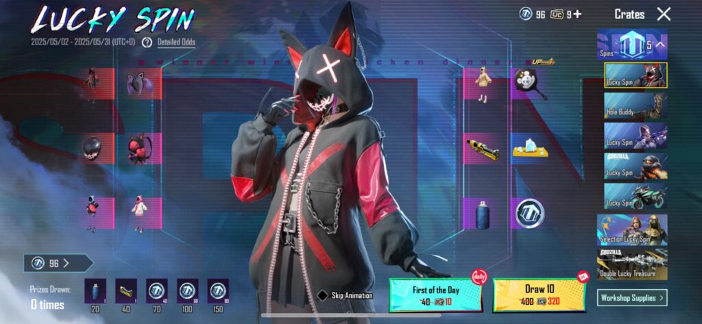 I already have 96 lucky spin coins saved up, how much UC would it cost too get to 200 coins so I can redeem one of them outfits?