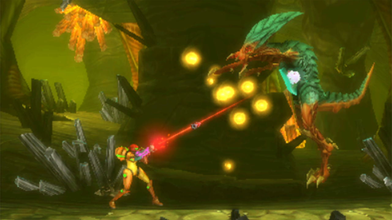 Screenshot from the video game Metroid II: Return of Samus (1991).