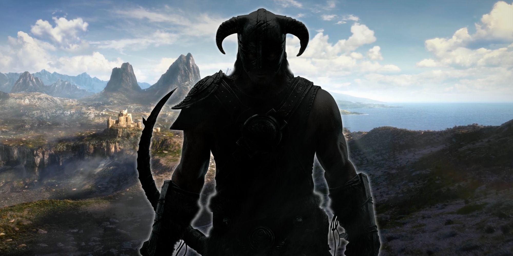 Feature image showing Skyrim's Dragonborn in front of the landscape of The Elder Scrolls 6.