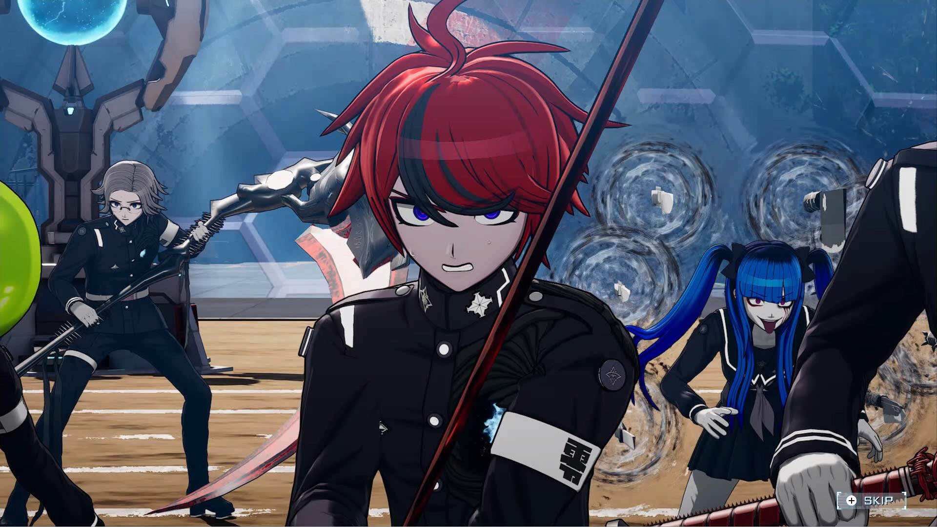 Screenshot from Last Defense Academy featuring a group shot of the main characters including a close up of Takumi Sumino wielding a red sword.