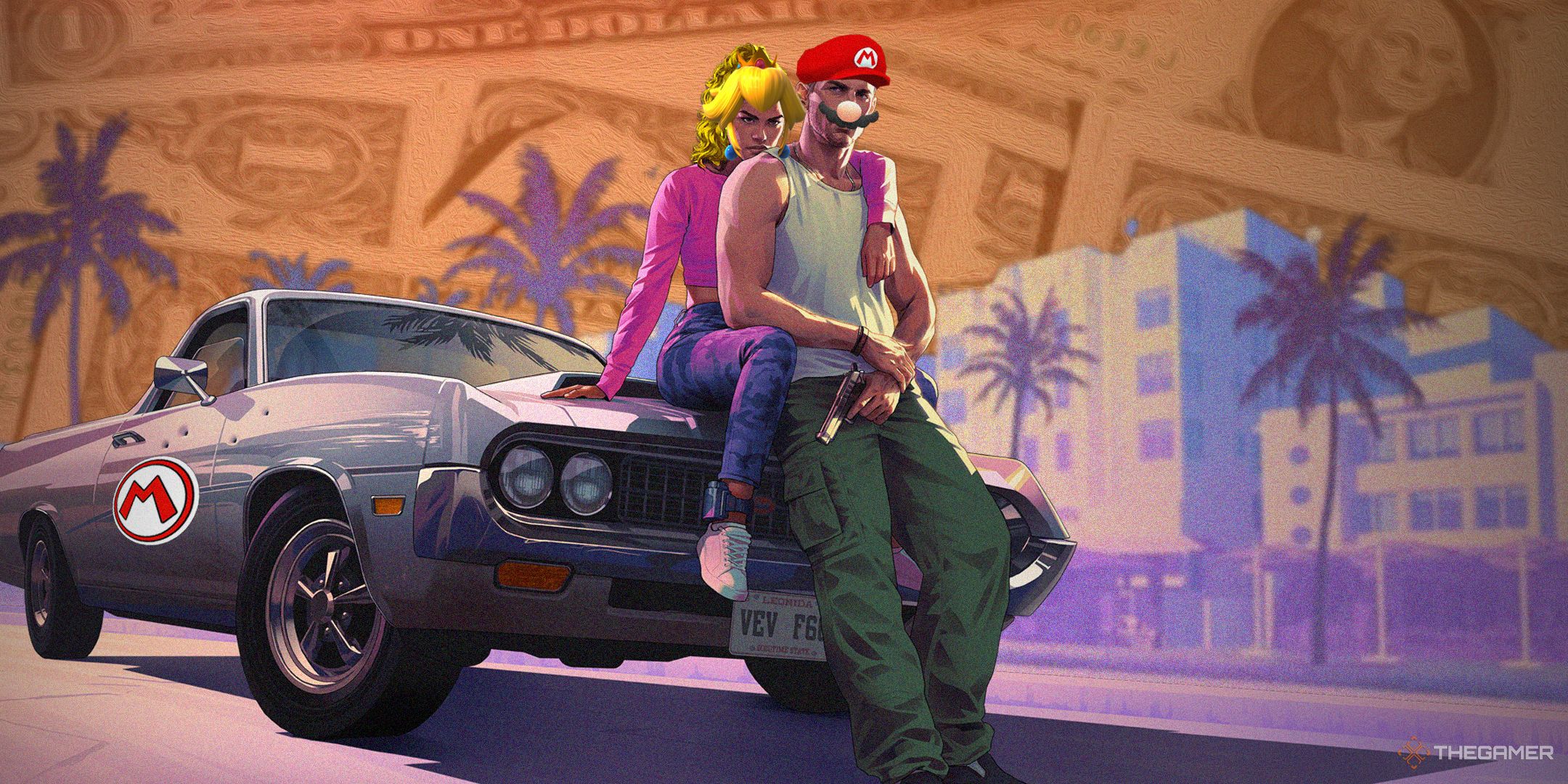 GTA 6 Key Art With Mario and Peach outfits and money in the sky