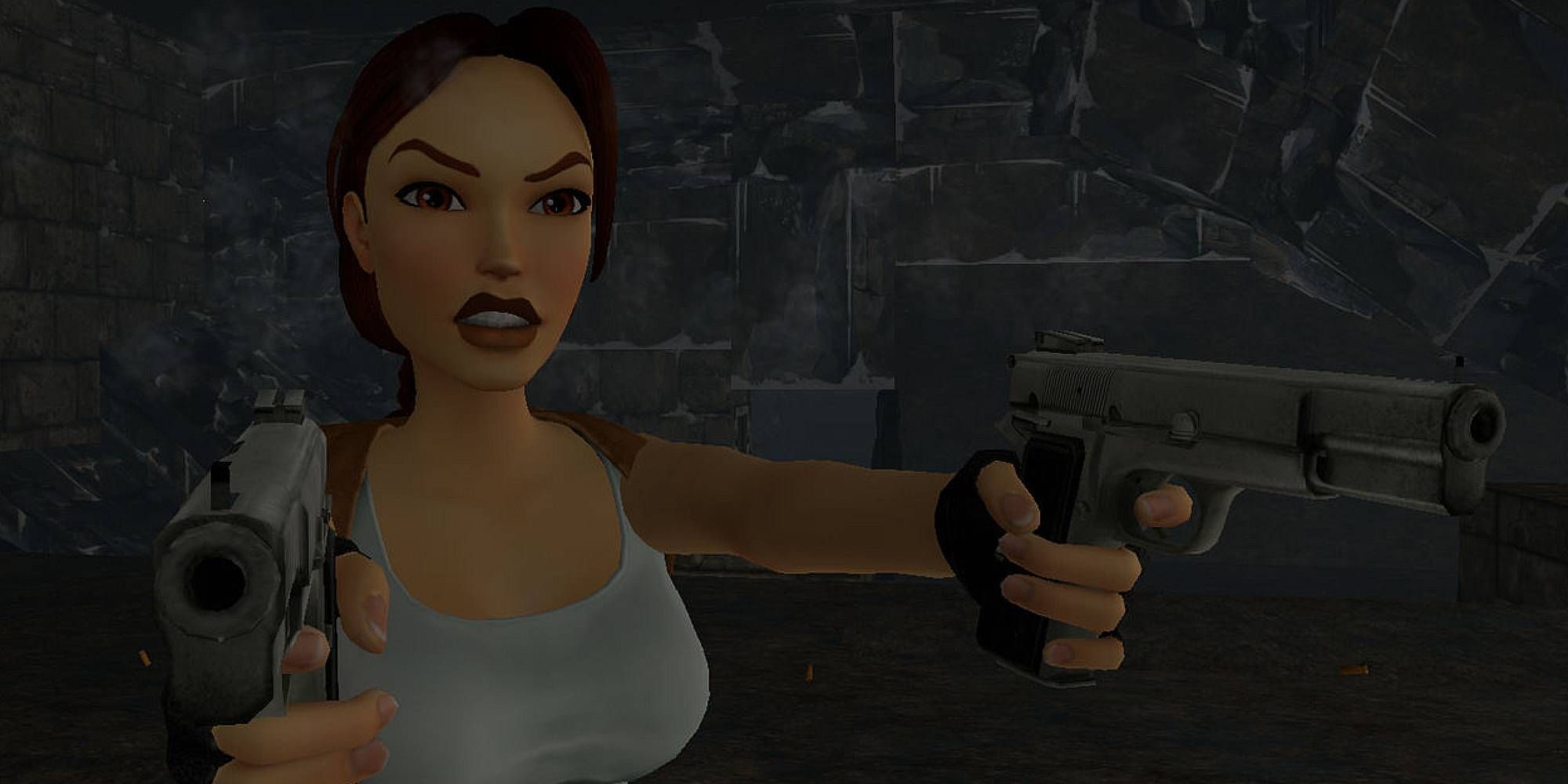 Lara Croft holding her dual pistols in Tomb Raider 1-3 Remastered.