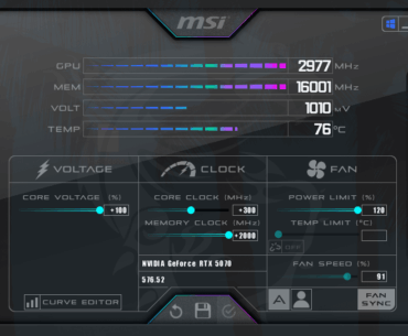 RTX 5070 OC +2000 memory and +300 core 120% power limit 100% core voltage
