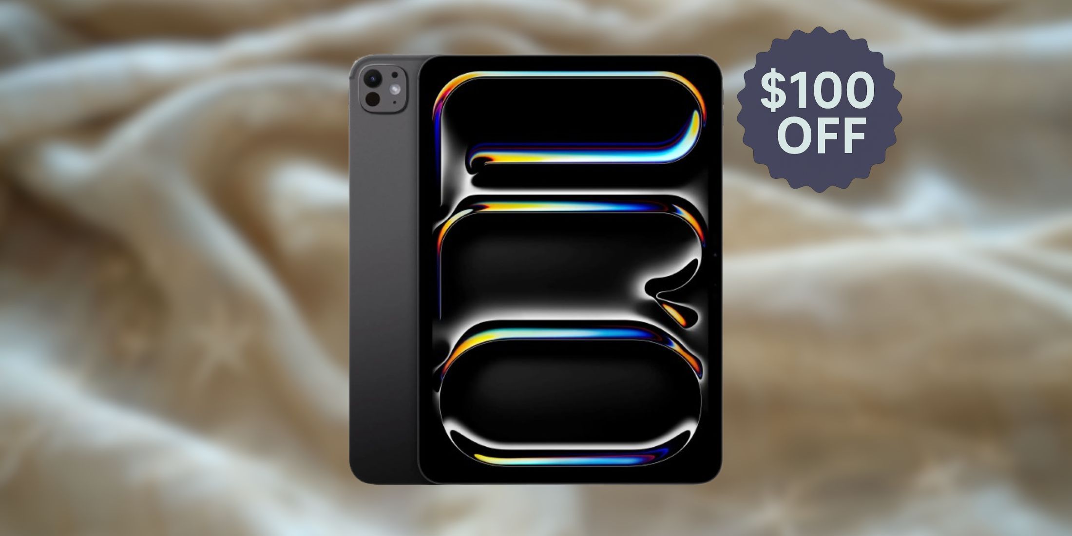 Image of the iPad m4 on a white background with a tag that says $100 off.