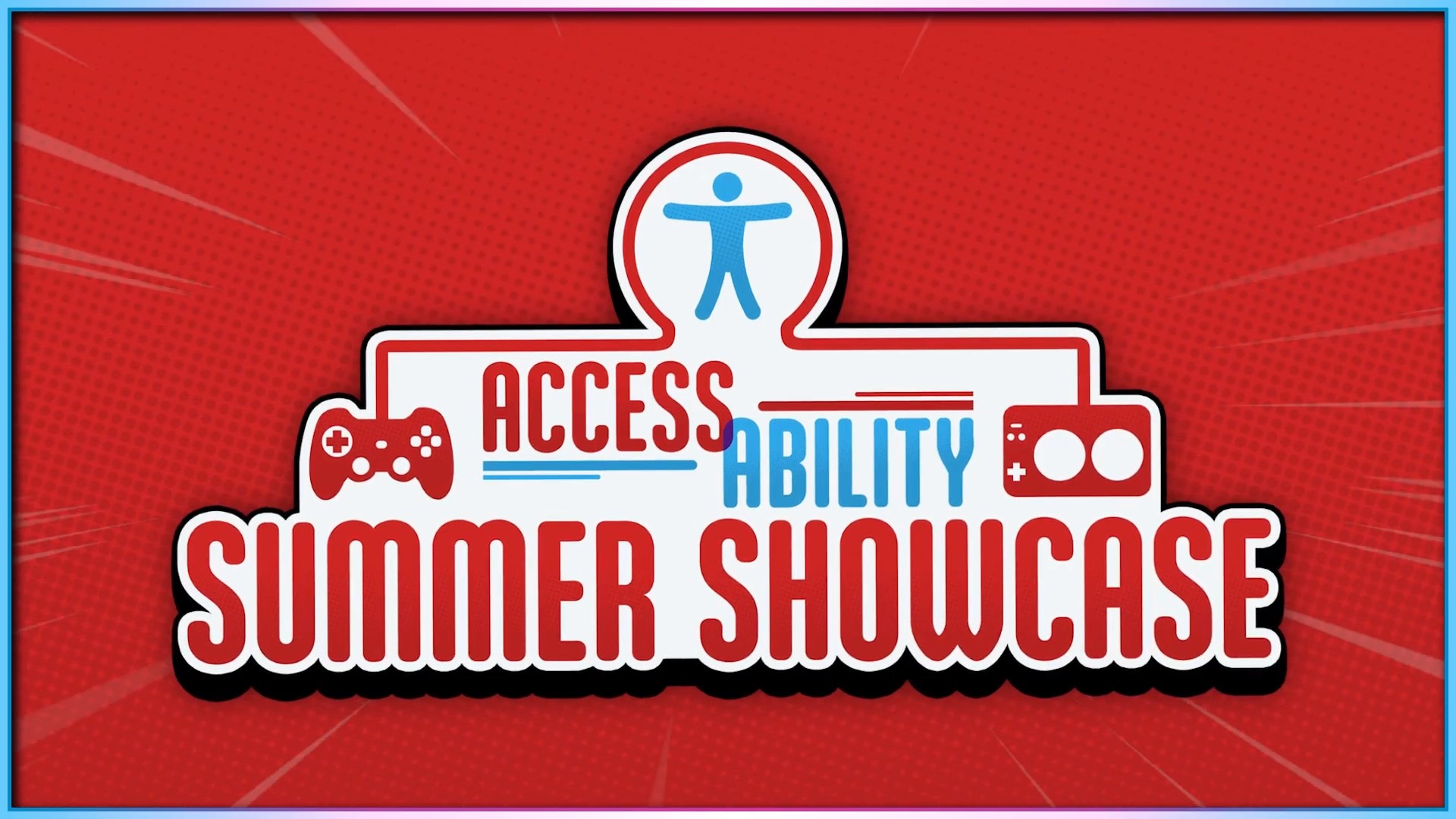The Access-Ability Summer Showcase logo. It's red, blue, and white and features a person standing on top of the show name with two different controllers connected on either side of them.