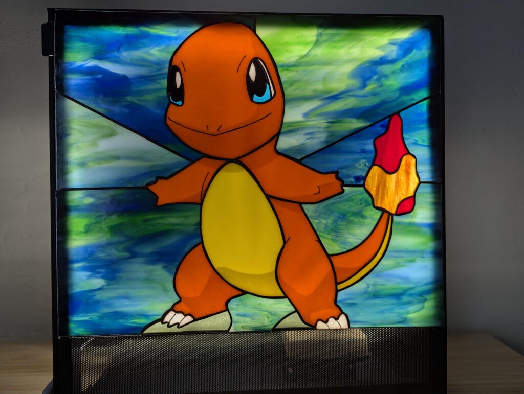 Charmander from Pokémon as a stained glass PC panel