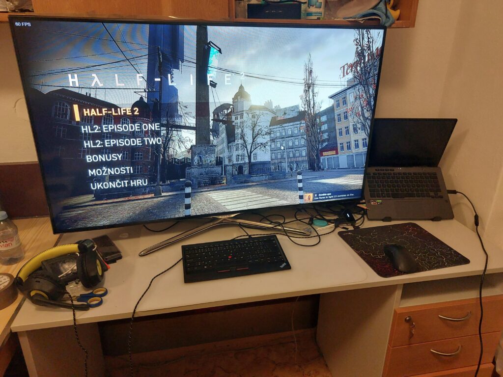 My former dorm room setup. The TV and keyboard have been trash-picked.