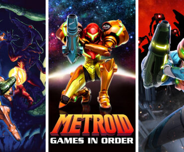 Split image showing artwork from three different Metroid games: Super Metroid, Metroid: Samus Returns, and Metroid: Dread. The text Metroid games in order is located in the lower center of the image.