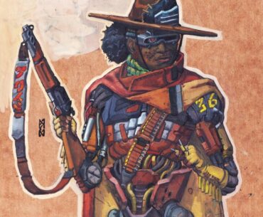 Cyber cowboy gouache painting