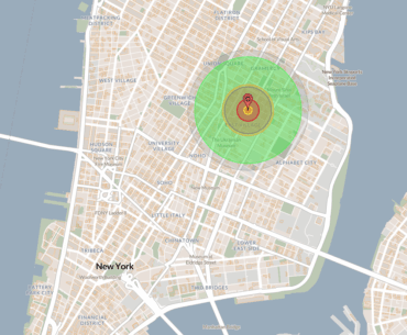 The size of the Silverhand's nuke bomb explosion (canonically 0.1 to 0.5 kilotons, so 0.25 for balance) compared to New York.