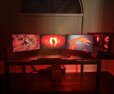 Just added Samsung g60sd oled (middle display, and red led strip under desk.
