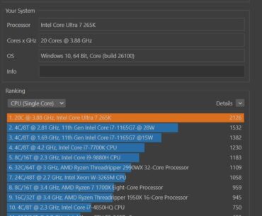 Cinebench R23 score 29.490 with Core Ultra 7 265k